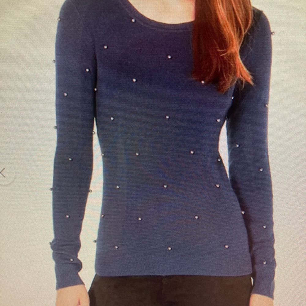 Maison Jules Women's Casual Crew Neck Faux Pearl Pullover Sweater Blue L